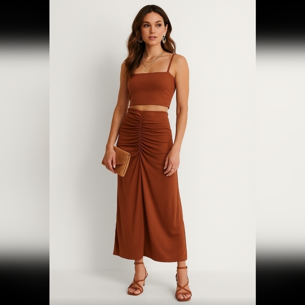 House of Harlow 1960 Brown Rushed Jersey Maxi Skirt Stretchy Birthday Event 70s